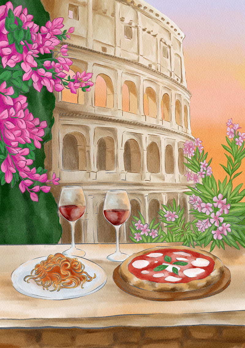 Illustration of the Colosseum in Rome, Italy, with pizza, pasta, and wine glasses on a table.