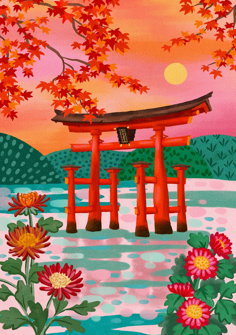 Traditional Japanese torii gate of the Miyajima island with autumn leaves and flowers in a stylised painting. 