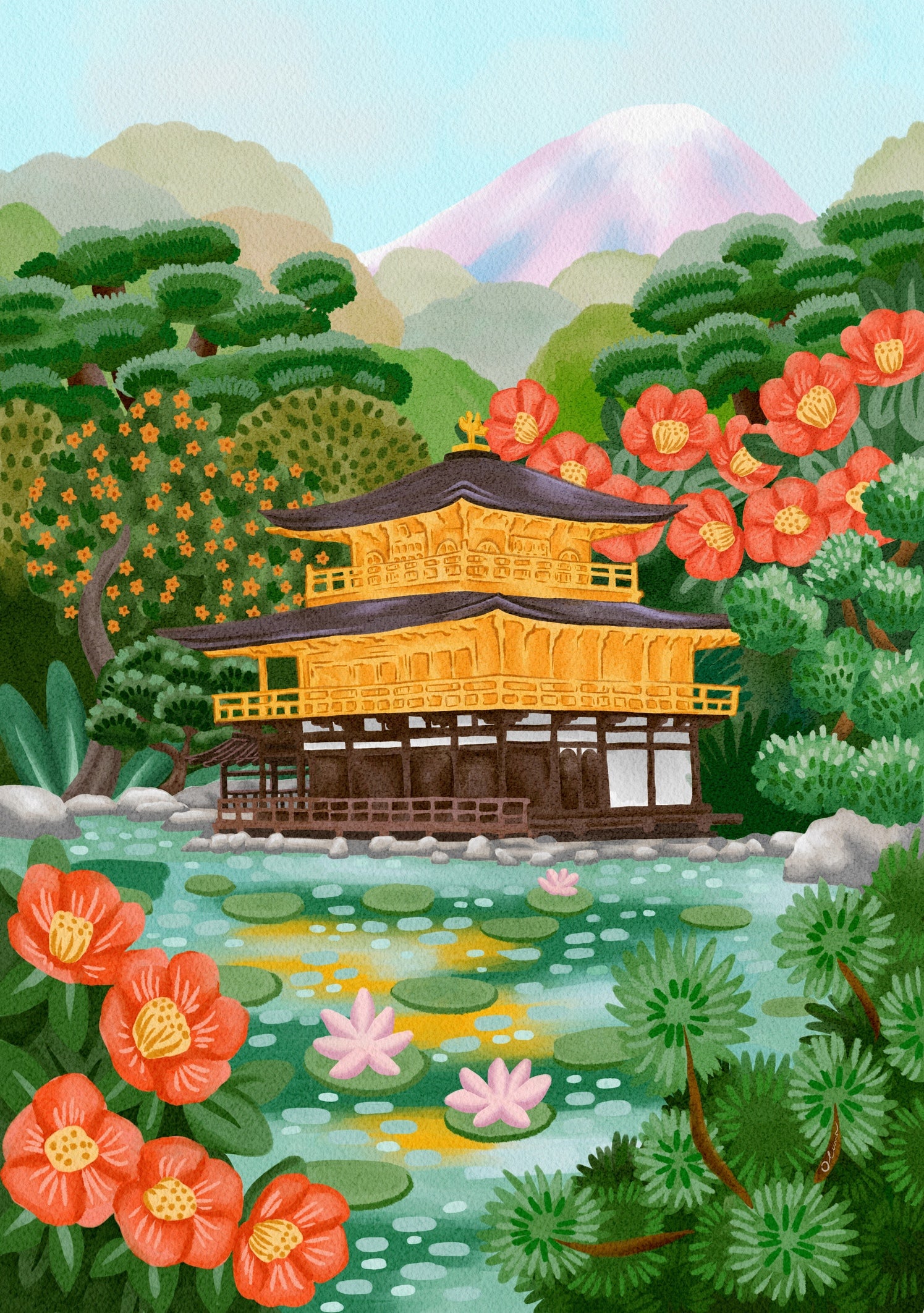 Traditional Japanese building in Kyoto with Mount Fuji in the background, surrounded by camellia flowers, trees and a pond.