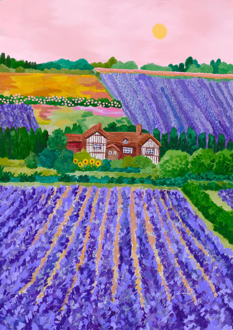 Painting of a countryside scene with lavender fields, a house, and sunflowers. 