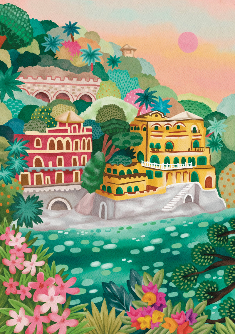 Colorful illustration of a coastal Italian landscape with luxurious buildings and flowers.