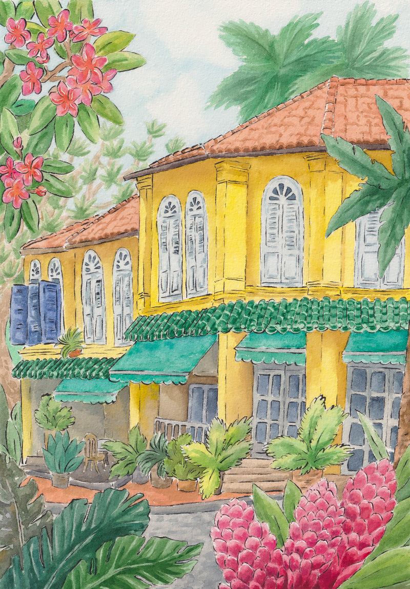 An artistic illustration of a yellow shophouse with a yellow and green facade, surrounded by lush plants and colorful flowers, evoking a vibrant street scene in Singapore's Chinatown.