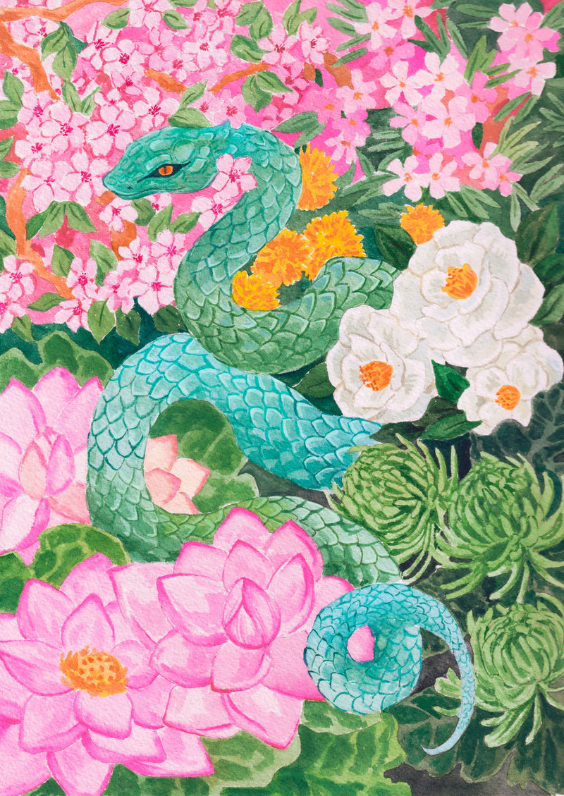 A vibrant illustration of a snake surrounded by various flowers, with a background of pink and green floral elements.