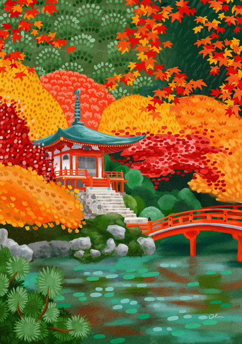 Traditional Japanese temple with a red bridge surrounded by autumn foliage.